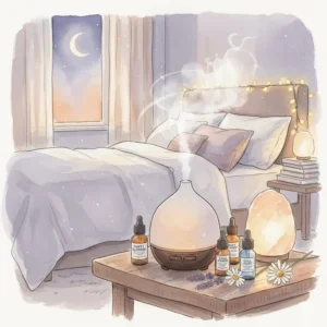 A cozy bedroom with a misting diffuser using the best smelling essential oil for relaxation.
