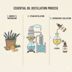 A detailed diagram showing the steam distillation process to create pure essential oil flavors.