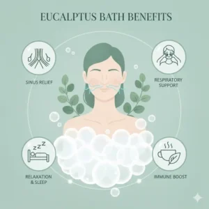 Infographic illustration showing the respiratory and sinus relief benefits of a eucalyptus bubble bath.