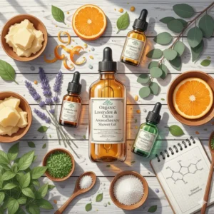 A flat-lay illustration showing organic ingredients and essential oils used in aromatherapy shower gel.