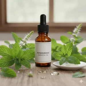 Fresh peppermint leaves surrounding a bottle of peppermint oil representing the strongest essential oils.