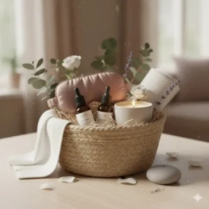 A relaxing self-care essential oil gift basket with a sleep mask and scented candle.