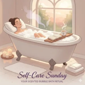 Digital art of a woman enjoying a peaceful ritual with her favorite scented bubble bath.