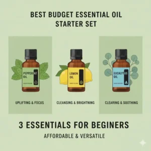 A starter kit featuring lavender and lemon as the best cheap essential oils for home use.