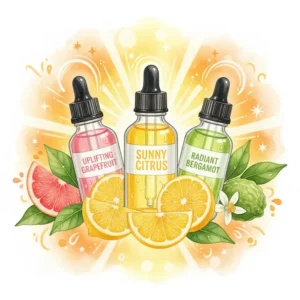 Bright citrus fruits and bottles featuring the best smelling essential oil blends for natural energy.