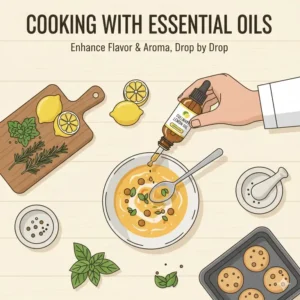 An illustration of a chef using food-grade essential oil flavors to enhance a recipe's aroma.