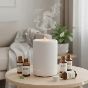 An ultrasonic diffuser emitting a cool mist using the best cheap essential oils for aromatherapy.