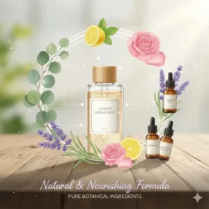 An infographic showing botanical extracts and oils used in this scented bubble bath.