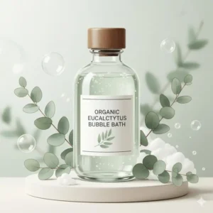 Stylized illustration of a glass bottle labeled organic eucalyptus bubble bath with botanical accents.