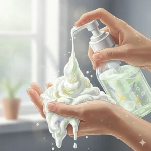 A detailed illustration of the rich and foamy lather texture of a moisturizing aromatherapy shower gel.