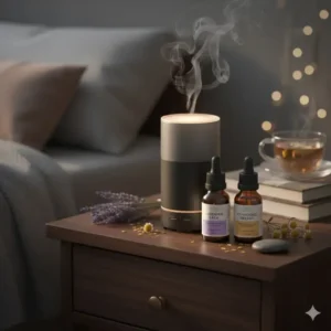 Specialized sleep aid essential oil gift featuring lavender and chamomile bottles by a bedside