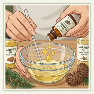 Hands carefully diluting a fragrant essential oil starts with at into a carrier oil in a glass bowl.