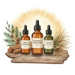 Earthy wood textures and sandalwood bottles highlighting the best smelling essential oil for grounding.
