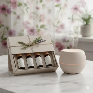 Luxury aromatherapy trio essential oil gift in a minimalist box with botanical elements.