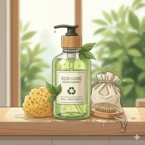 An illustration of a sustainable and refillable bottle of eco-friendly aromatherapy shower gel.