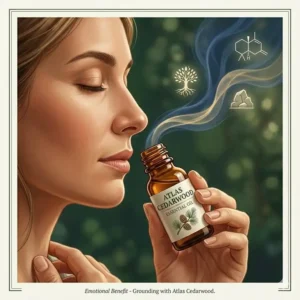 A woman closing her eyes and inhaling the grounding aroma of a fragrant essential oil starts with at.