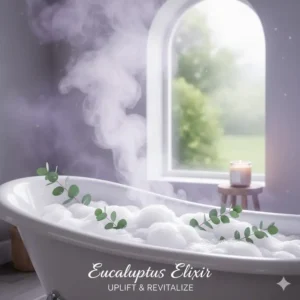 Refreshing steam rising from a hot tub infused with eucalyptus scented bubble bath.