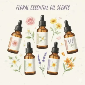 A soft watercolor painting of floral essential oil flavors like rose, jasmine, and chamomile.