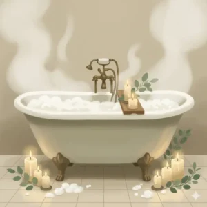 Cozy bathroom scene featuring a steaming eucalyptus bubble bath and lit candles for aromatherapy.
