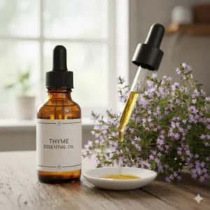 Thyme sprigs and oil highlighting its status as one of the strongest essential oils for antimicrobial use.