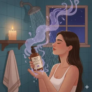A relaxing nighttime scene of a woman enjoying a calm shower with aromatherapy shower gel.