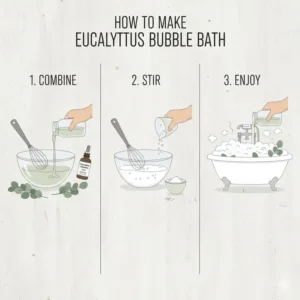 Step-by-step illustration showing how to pour essential oils to create a DIY eucalyptus bubble bath.