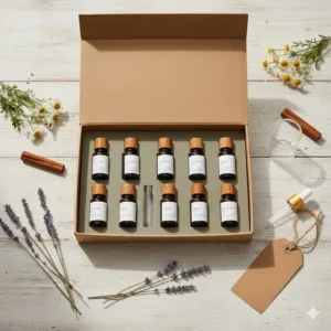 Top-down view of an open essential oil gift package showing multiple scents and a dropper.