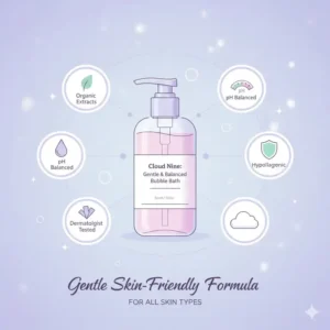 A diagram highlighting the pH-balanced and skin-friendly scented bubble bath formula.