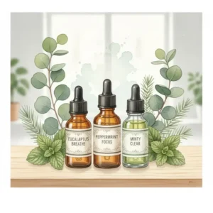 Eucalyptus and peppermint leaves surrounding the best smelling essential oil for a fresh and clean scent.