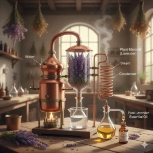 A conceptual illustration of the steam distillation process used to create the strongest essential oils.