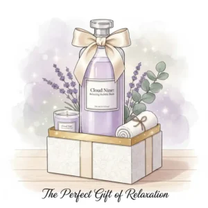 A beautifully wrapped gift box containing a premium bottle of scented bubble bath.