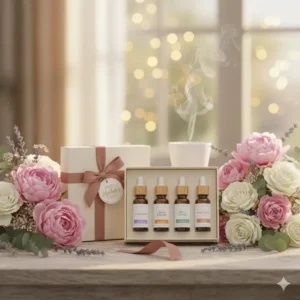 Elegant Mother's Day essential oil gift box surrounded by fresh pink and white roses.