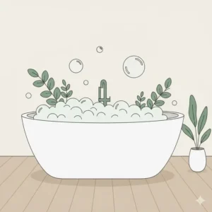 Minimalist illustration of natural and vegan eucalyptus bubble bath bubbles in a modern tub.
