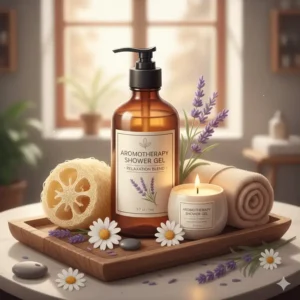 A beautiful spa-themed illustration featuring a gift set with aromatherapy shower gel, candles, and a loofah.