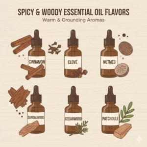 A warm-toned illustration of spicy and woody essential oil flavors like cinnamon, clove, and cedarwood.
