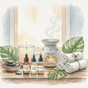 A serene spa setting with towels and candles featuring the best smelling essential oil for therapy.
