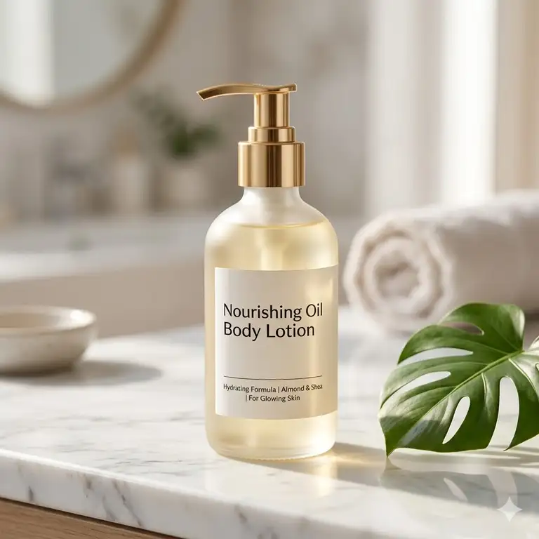 A bottle of nourishing oil body lotion placed on a marble surface with soft sunlight and botanical leaves.