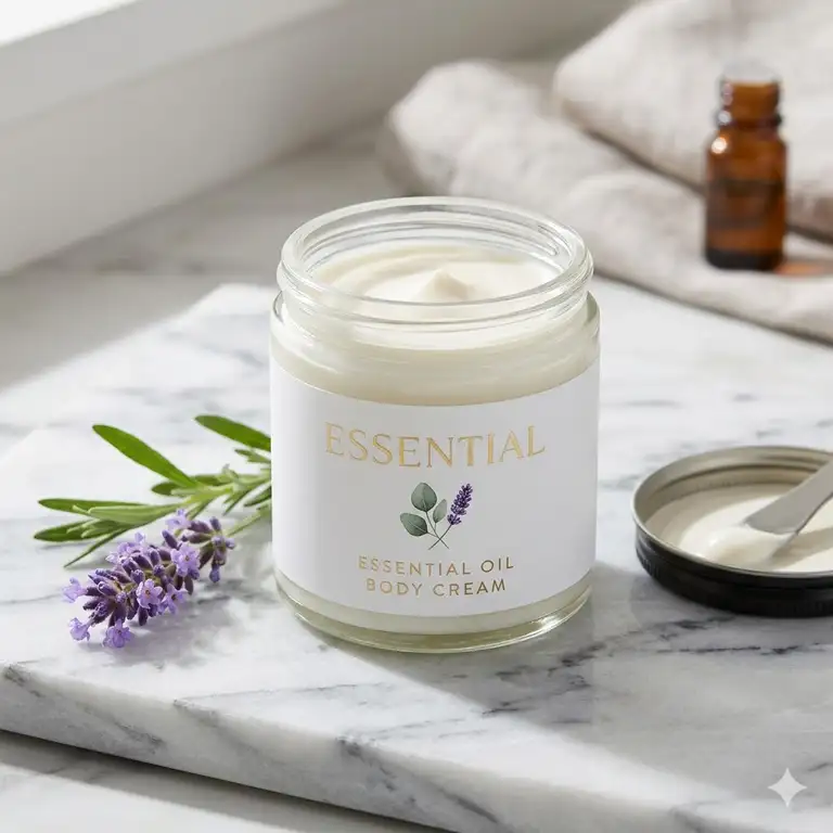 A glass jar of luxury essential oil body cream on a marble surface with lavender.
