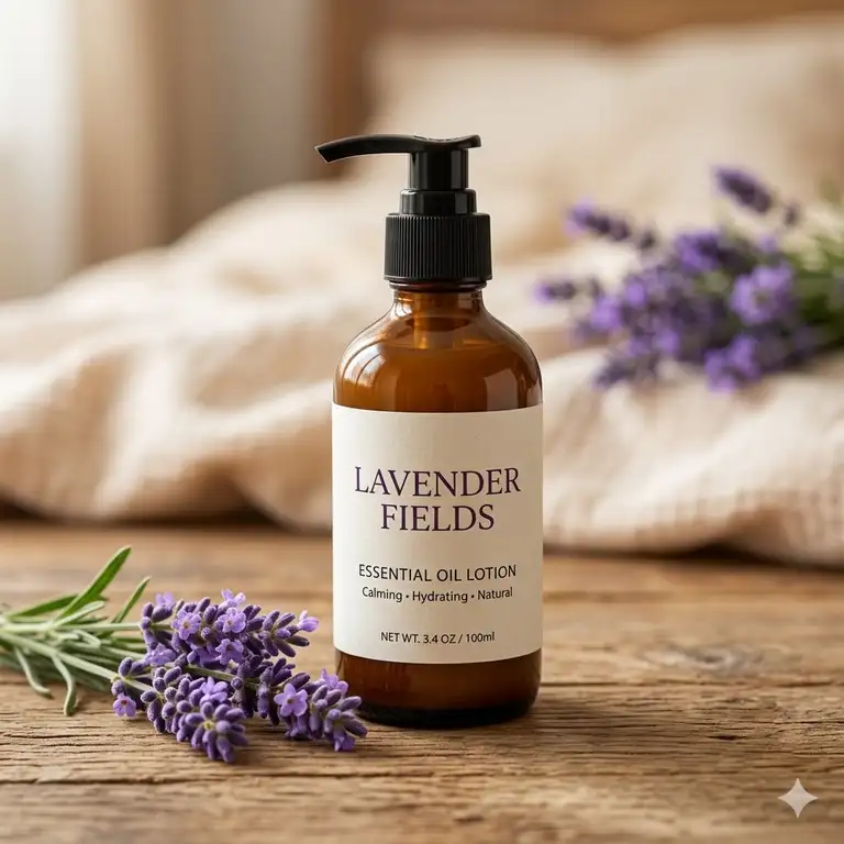 A premium bottle of essential oil lotion with fresh lavender on a wooden surface.