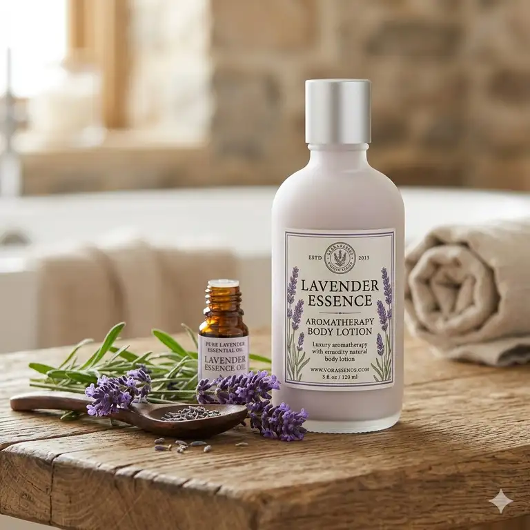 Featured Image: A luxury bottle of aromatherapy body lotion with lavender sprigs on a wooden background.