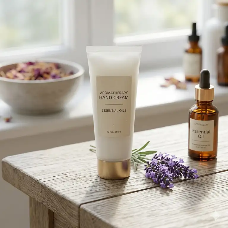 A luxurious tube of aromatherapy hand cream resting on a wooden table next to fresh lavender and essential oils.