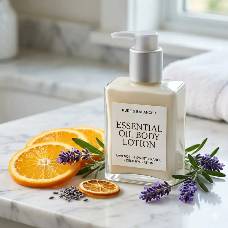 A luxury bottle of essential oil body lotion placed on a marble surface with lavender and citrus.