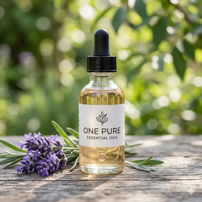 A premium glass bottle of one pure essential oils on a wooden table with fresh lavender flowers.