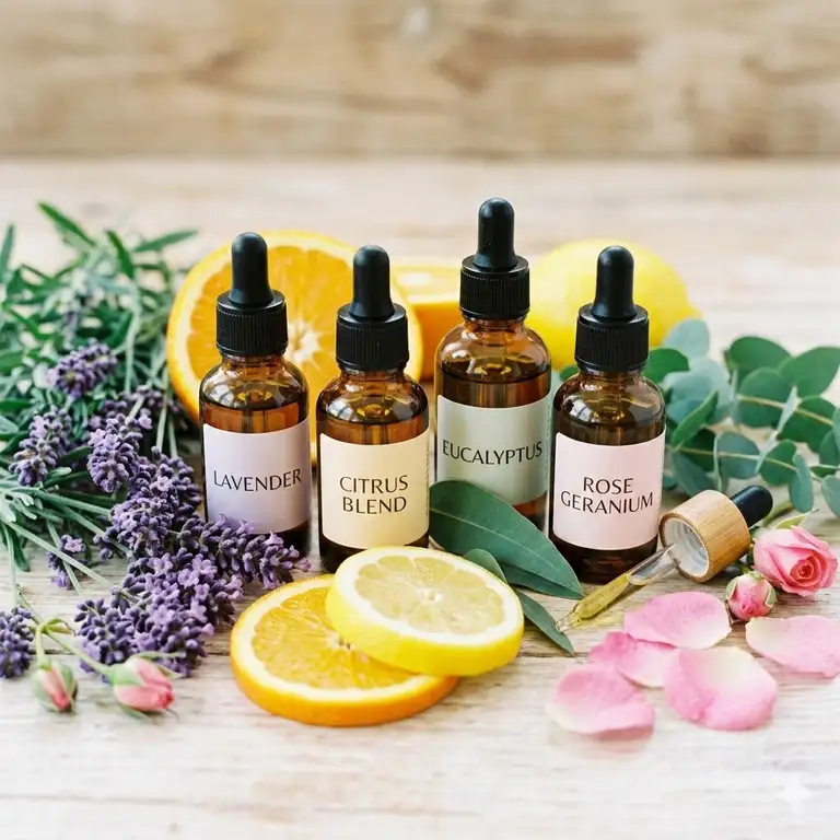 A beautiful arrangement of various nice smelling essential oils in amber glass bottles surrounded by fresh lavender, citrus slices, and eucalyptus leaves.