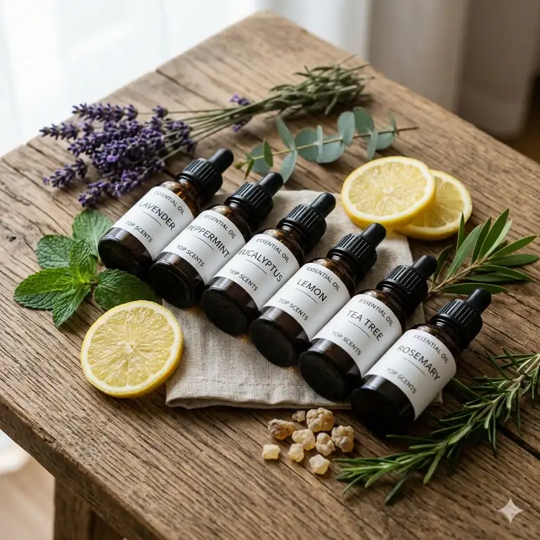 A curated collection of the top essential oil scents in amber glass bottles arranged on a wooden surface with dried lavender and citrus slices.