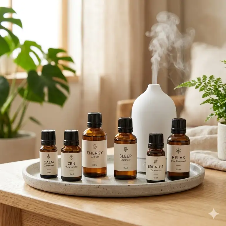 A beautiful collection of premium wellness oils in amber glass bottles next to an active aromatherapy diffuser in a spa setting.
