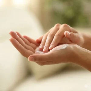 Close-up of a person massaging aromatherapy hand cream into their palms to show its smooth texture.