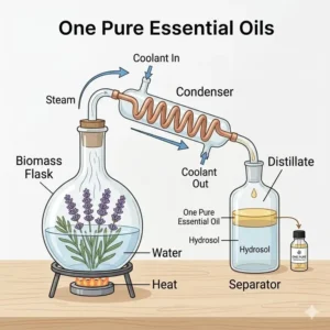 A technical diagram showing the steam distillation extraction process for one pure essential oils.
