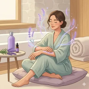 Illustration 1: A woman relaxing and applying aromatherapy body lotion for mental stress relief.