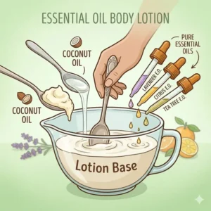 An illustration of natural ingredients being mixed to create a high-quality essential oil body lotion.